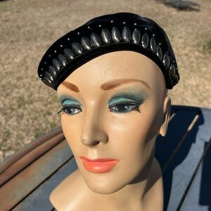 Vintage 1950s Elegant Black Velvet Beret with Silver Accents